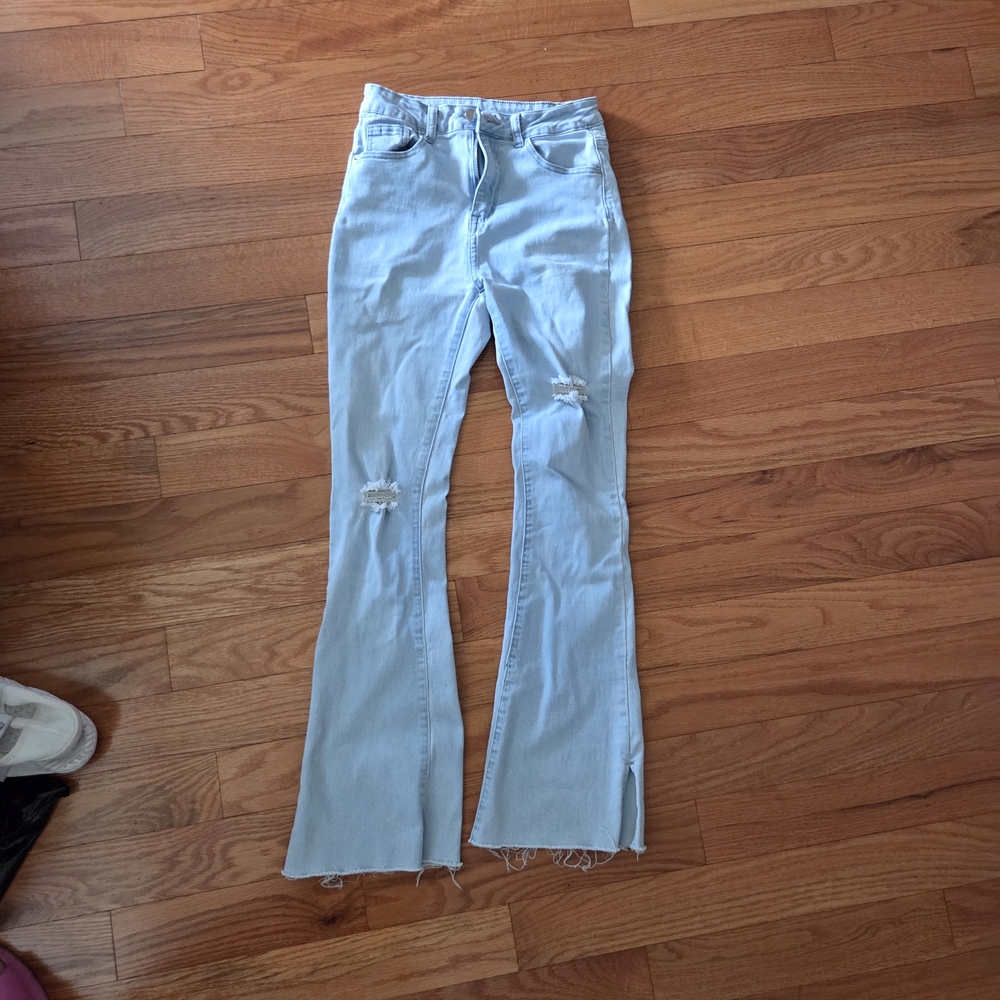 SHEIN Light Blue Distressed Flare Jeans